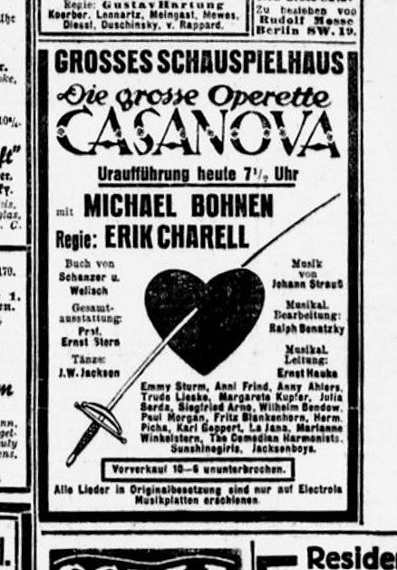 Ankündigung der Revue „Casanova“ im „Berliner Tageblatt und Handels-Zeitung“